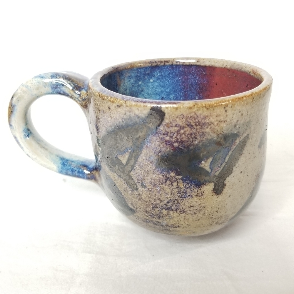 Unique Rare Studio Art Pottery Blue Brown Red Coffee Tea Soup Mug,  Signed.